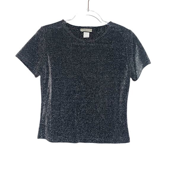 NOTATIONS Petite Vintage Sparkle Short Sleeve Top Crew Neck Black Silver Size M - Picture 2 of 5